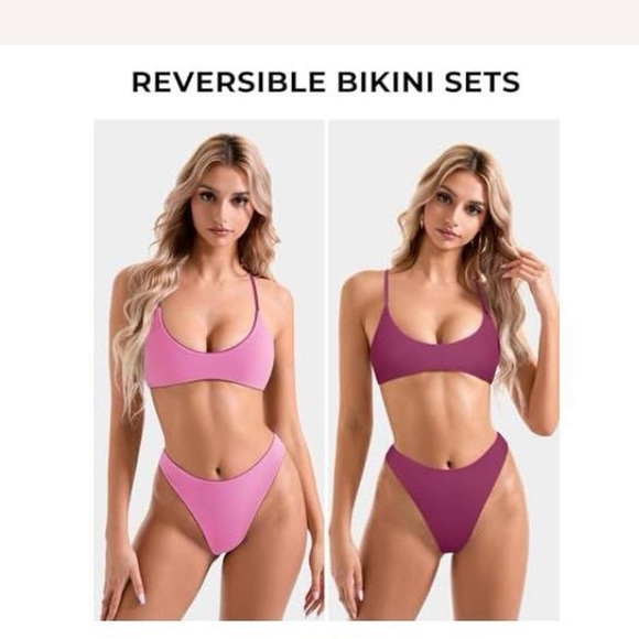 Plunge Scoop Neck High-Leg Bikini Set - Magenta sexy cute flattering - Picture 2 of 5